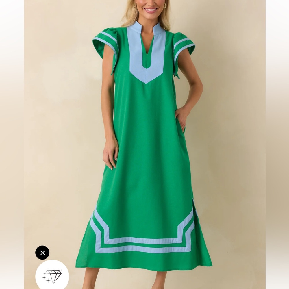 entro Green Maxi Dress with Light Blue Trim